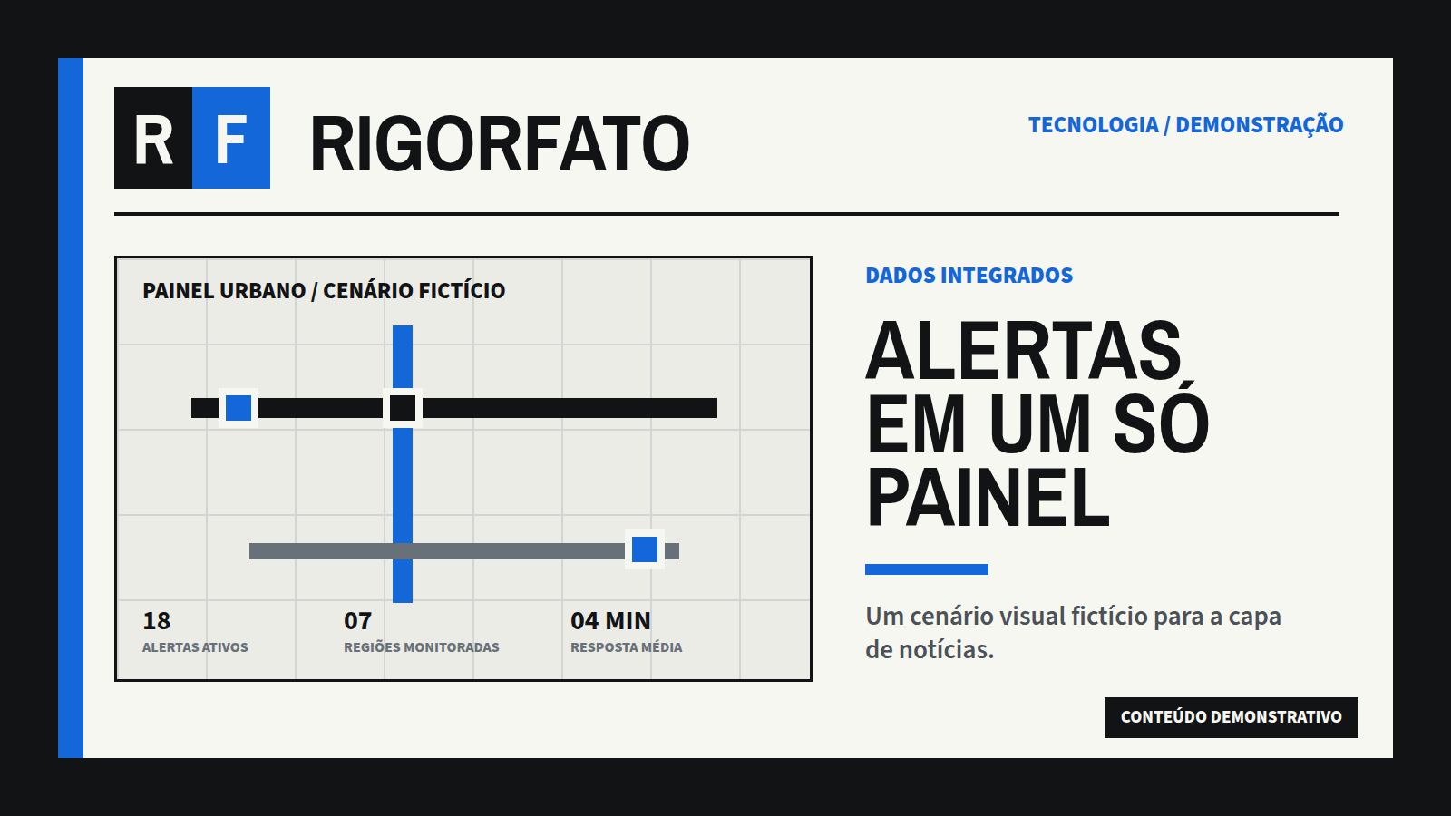 Composição editorial demonstrativa com painéis urbanos e a marca RigorFato